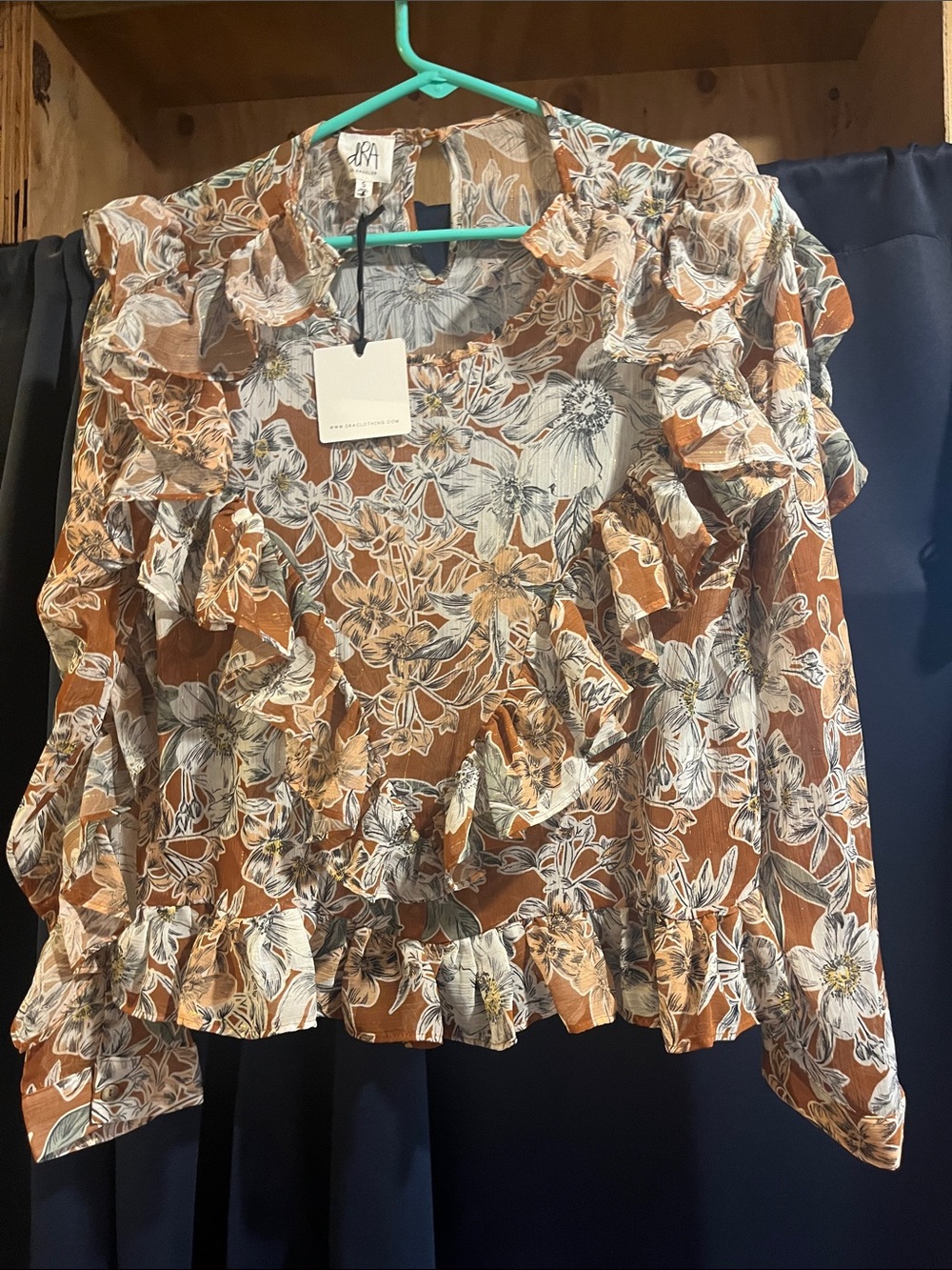 Draper James Brown Floral Ruffle Blouse with White Accents